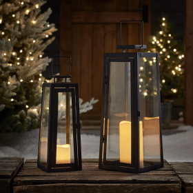 Lights4fun, Inc. Set of Two Black Metal Battery Operated LED Indoor Outdoor Garden & Patio Flameless Candle Lantern Lights