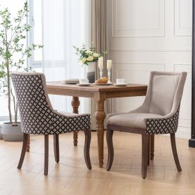 A&A Furniture, Ultra Side Dining Chair, Thickened fabric chairs with neutrally toned solid wood legs, Bronze nail head, Set of 2, Beige and Patterned,