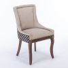 A&A Furniture, Ultra Side Dining Chair, Thickened fabric chairs with neutrally toned solid wood legs, Bronze nail head, Set of 2, Beige and Patterned,