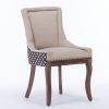 A&A Furniture, Ultra Side Dining Chair, Thickened fabric chairs with neutrally toned solid wood legs, Bronze nail head, Set of 2, Beige and Patterned,