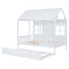 Full Size Wood House Bed With Twin Size Trundle, Wooden Daybed