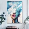 Hand Painted Oil Painting Abstract Portrait Wall Art Hand painted-Nordic Light Blue Girl Oil Paintings On Canvas-Hand Made-For Home Decoration