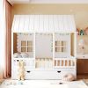 Full Size Wood House Bed With Twin Size Trundle, Wooden Daybed